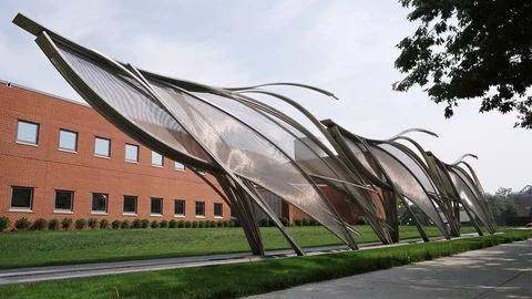 Sculptures made out of stainless steel wire mesh fabric.