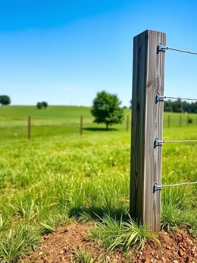 An image of a farm fence corner post with secure bracing, demonstrating the structural integrity and stability of the fence system on uneven terrain.