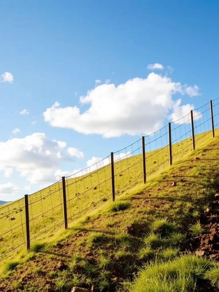 A picture of a farm fence installed along a rolling hillside, demonstrating its adaptability to various terrains and its ability to maintain consistent height and tension.