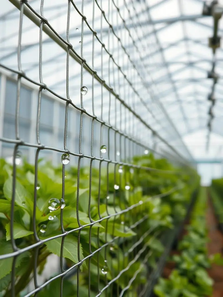 A close-up shot of stainless steel wire mesh used in a greenhouse, showcasing its resistance to rust and corrosion in a humid environment.