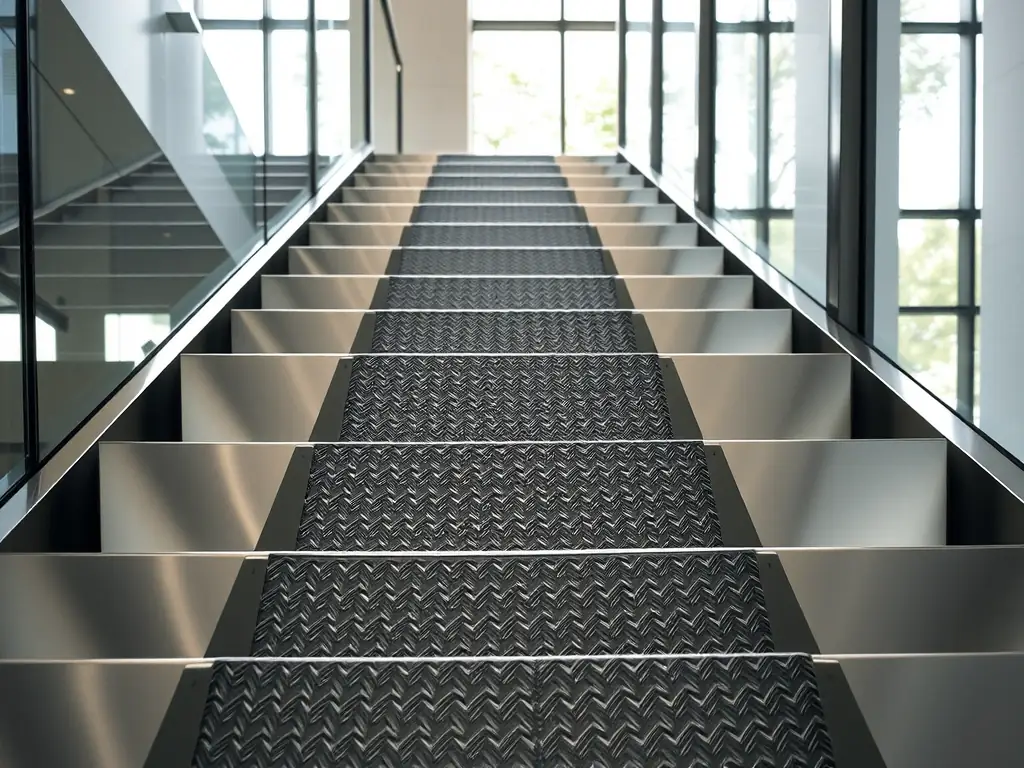 A close-up shot of a stainless steel stair tread, showcasing its textured surface and precise dimensions, installed in a modern staircase setting.