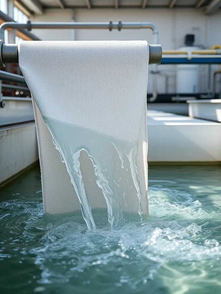 A high-resolution image of filter cloth being used in an environmental protection application, such as wastewater treatment, with clear water as the end result.