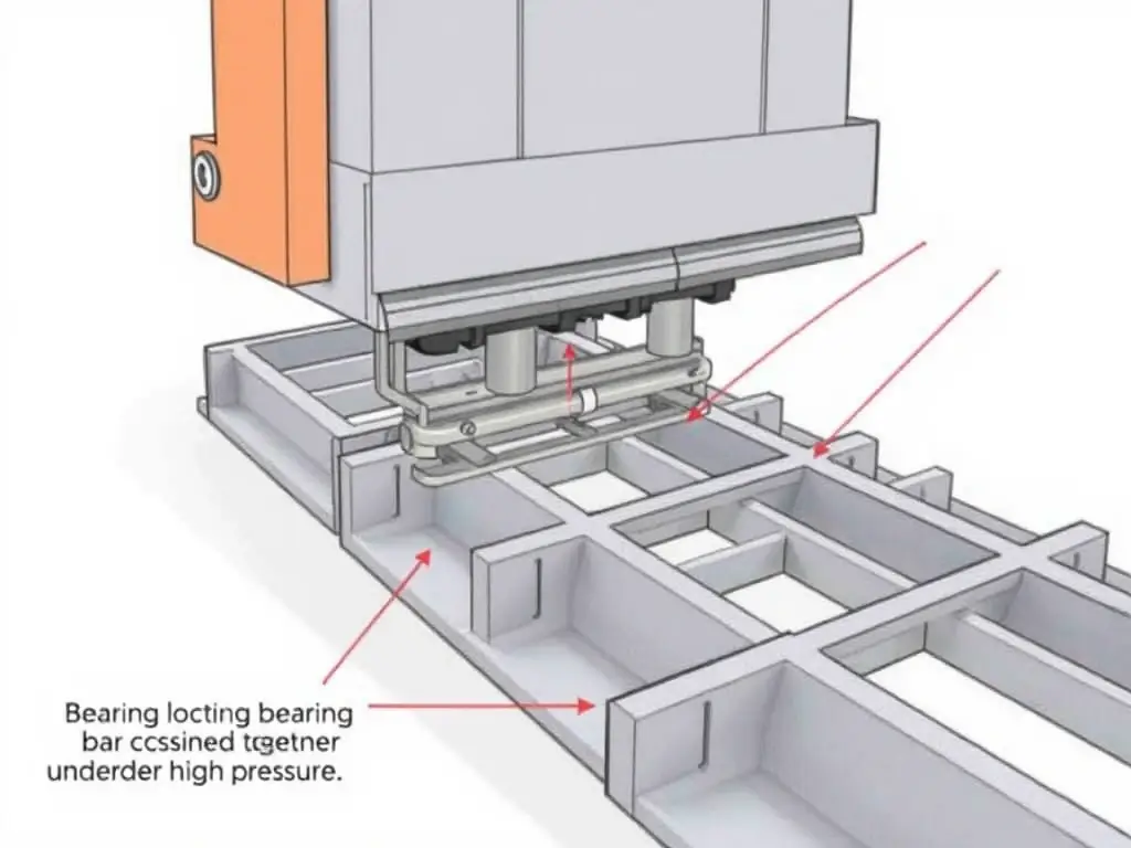 A detailed illustration of the pressure locking process, showing how the bearing bars and crossbars are joined together under high pressure. The illustration highlights the precision and quality of the manufacturing process. The image is clean and technical.