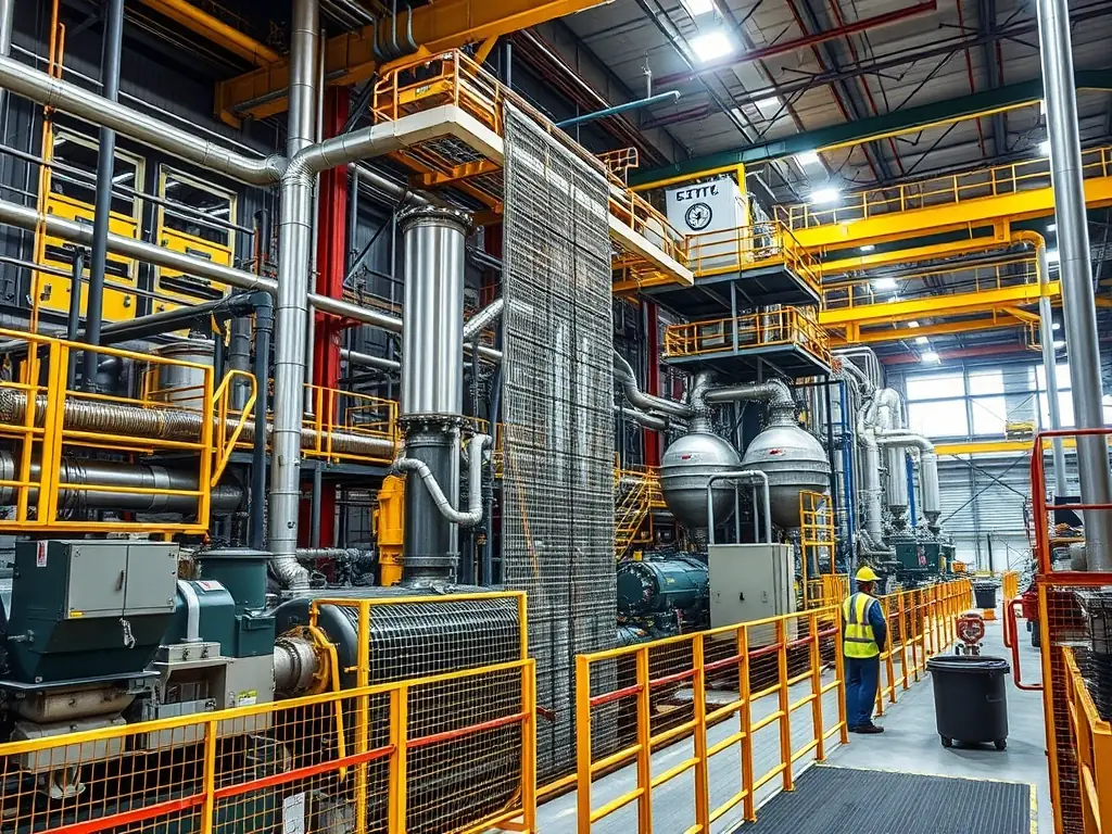 A high-resolution image showcasing mill grade wire mesh being used in a petrochemical plant for filtration purposes, with visible machinery and safety protocols in place.