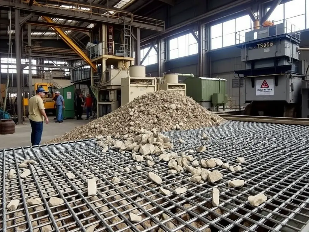 A photograph of Hebei Mutual Metal Co.'s vibrating screen mesh being used in a large-scale industrial operation, such as mining or chemical processing. The mesh is efficiently separating materials, contributing to the overall productivity of the facility.