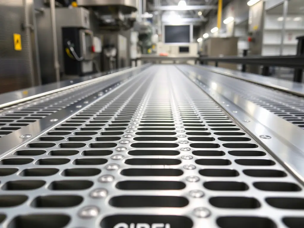A close-up shot of a stainless steel riveted grating, emphasizing the corrosion-resistant properties and smooth finish. The grating is used in a food processing plant, showcasing its suitability for hygienic environments.