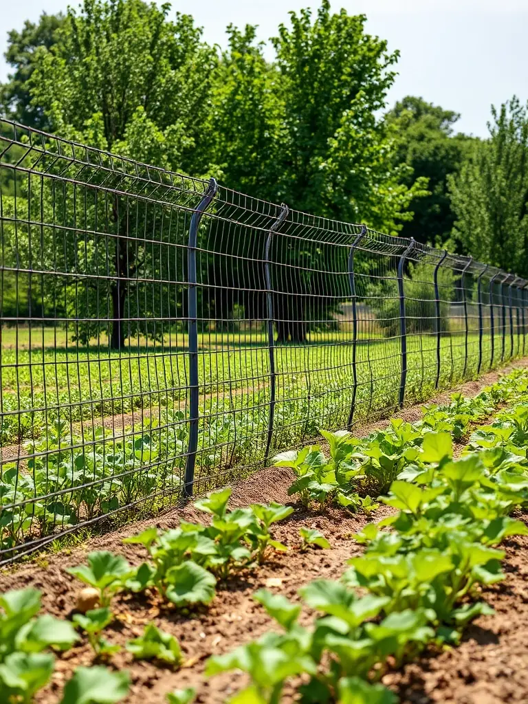A wide shot of a farm using metal wire mesh for crop protection against pests and animals, emphasizing its versatility in agricultural applications.