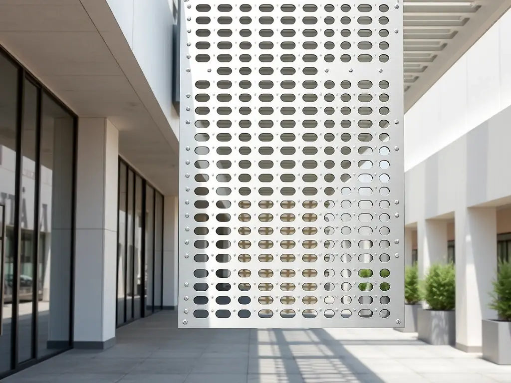 A medium shot of an aluminum riveted grating panel, focusing on the lightweight yet sturdy design. The aluminum has a brushed finish, giving it a modern and clean appearance. The grating is installed in a walkway setting.