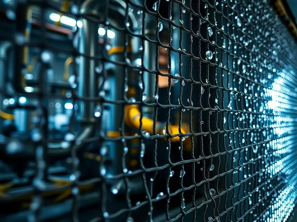 A close-up shot of stainless steel wire mesh used in a petrochemical plant, showcasing its corrosion resistance and durability in a harsh environment. The mesh is filtering chemicals.