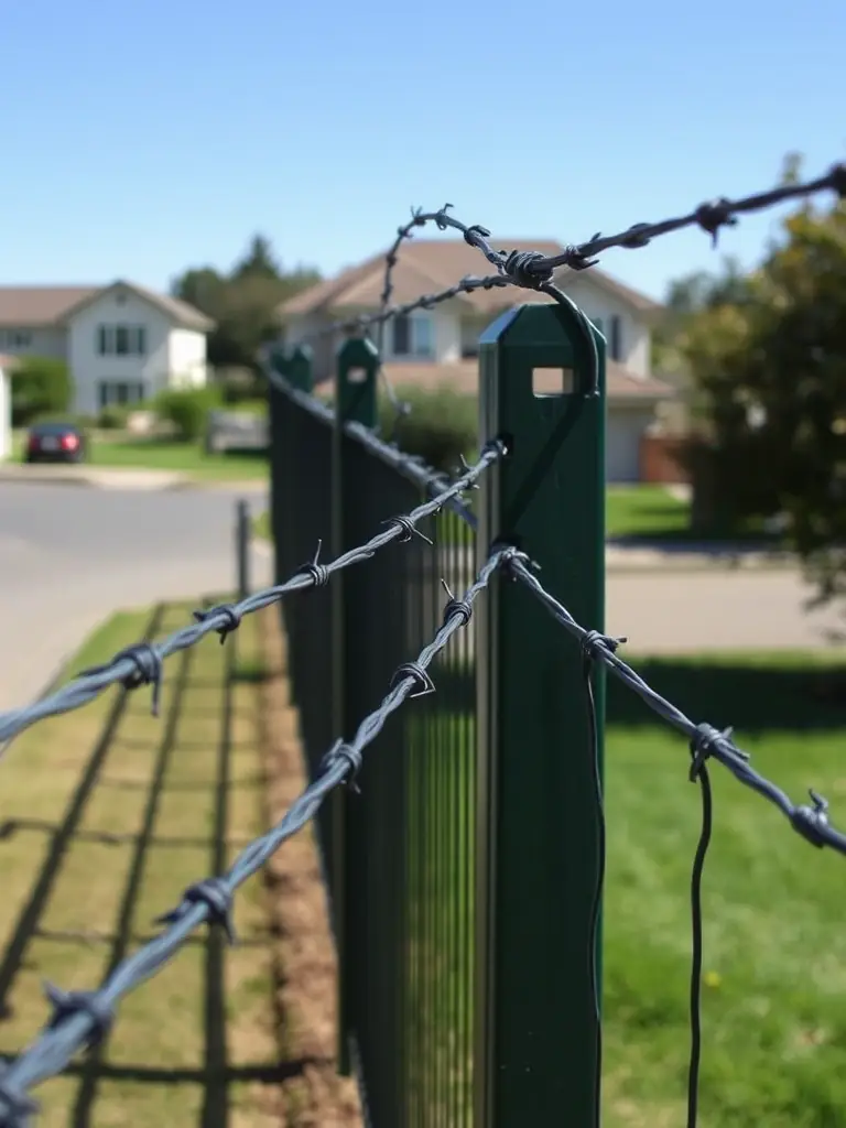 A photo of Hebei Mutual Metal's barbed wire installed on top of a fence surrounding a property, demonstrating its practical application in enhancing security.