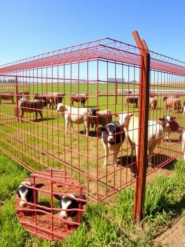A high-strength copper wire mesh fence surrounding a livestock enclosure, demonstrating its ability to contain animals securely.