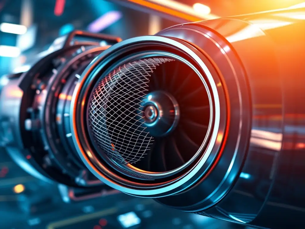 An image of a titanium wire mesh component integrated into an aircraft engine, showcasing its lightweight and high-temperature resistance.