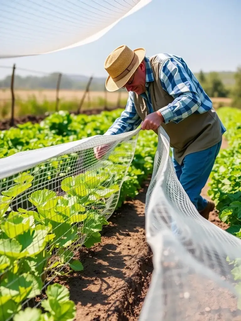 A farmer installing Hebei Mutual Metal's poultry netting around a vegetable garden, illustrating its versatility in protecting plants from pests and small animals.
