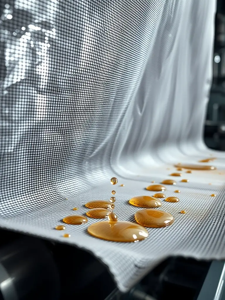 A close-up shot of stainless steel filter cloth being used in a petrochemical filtration process, with visible oil and chemical residue being filtered out.