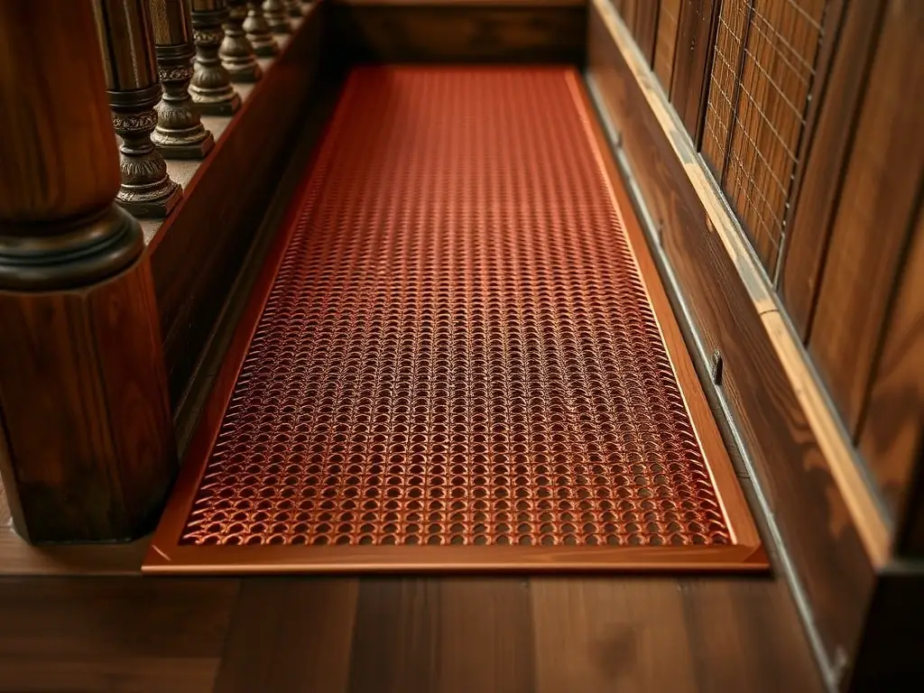 A detailed image of a copper mesh stair tread, highlighting its unique color and intricate weave pattern, installed in a vintage-style home.