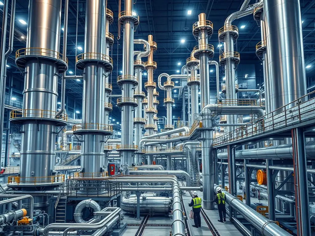 A high-resolution photograph showcasing filter cloth being used in a petrochemical plant for filtering oil. The scene should emphasize the industrial setting and the critical role of the filter cloth.