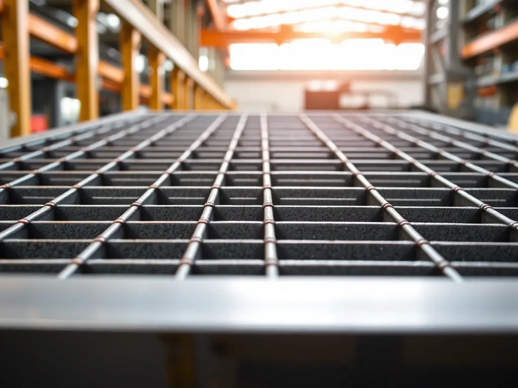 A high-angle, close-up shot showcasing a section of heavy-duty steel riveted grating, highlighting the robust construction and precise riveting. The grating is clean and shows no signs of wear, emphasizing its durability and quality.