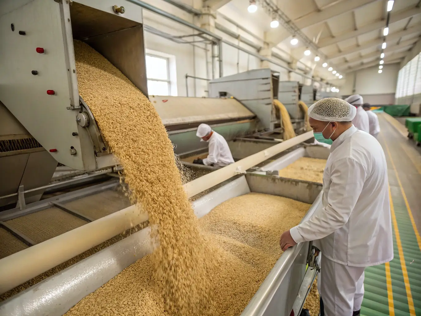 A high-resolution image depicting bolting cloth being used in a flour milling process, showcasing its fine mesh and efficient sifting capabilities. The scene should emphasize the precision and cleanliness of the process.