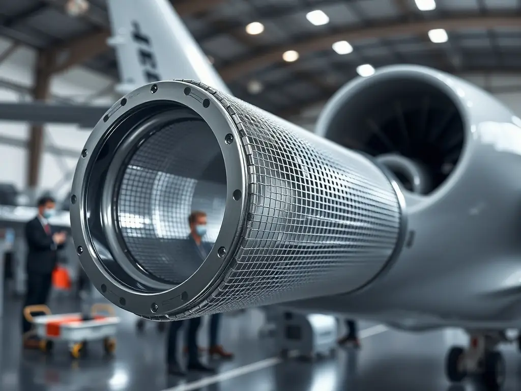 A detailed image showcasing the intricate metal wire mesh components used in the construction of an aircraft engine, emphasizing the lightweight yet strong properties required for aerospace applications.