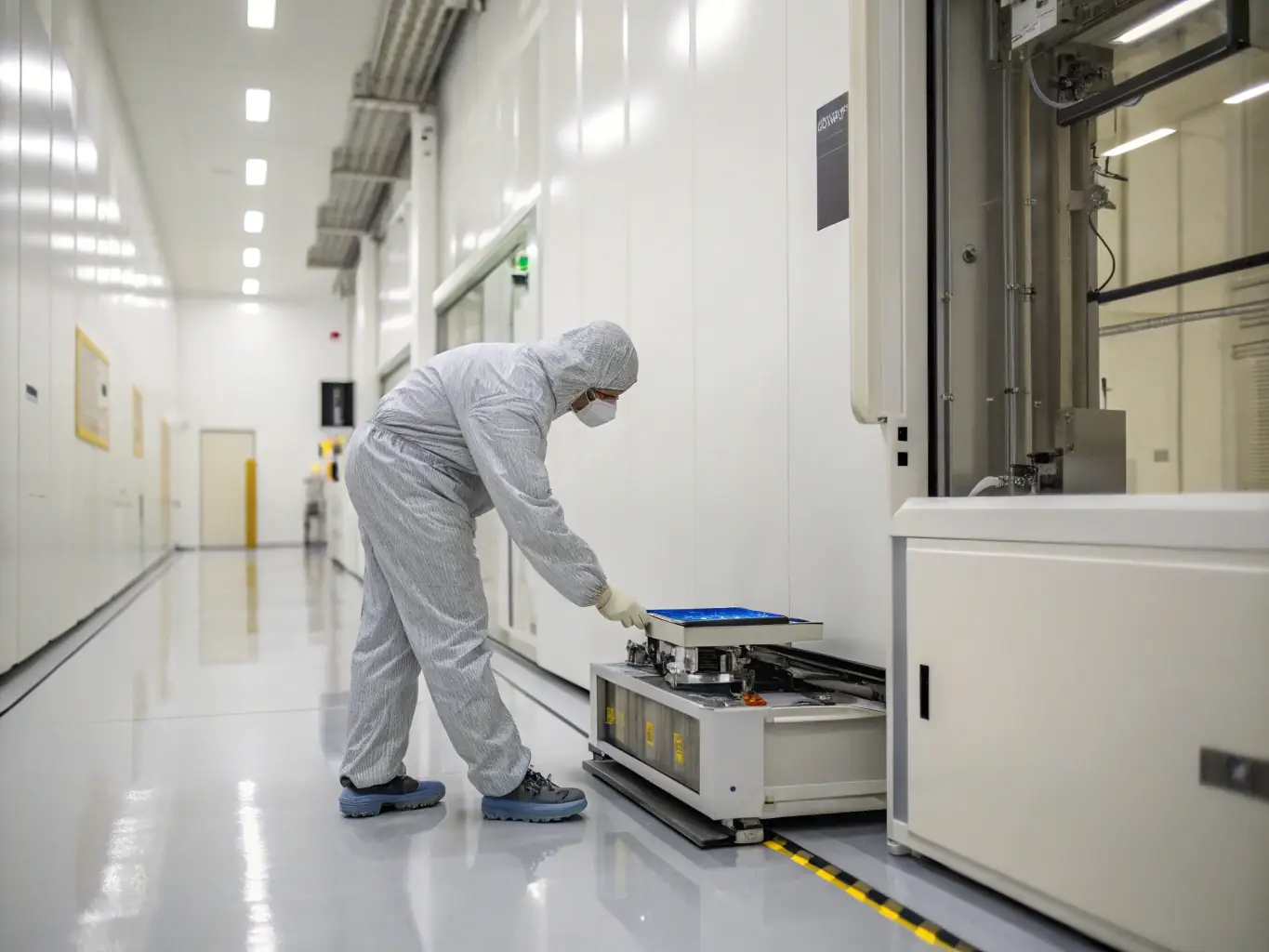 A worker in a cleanroom environment inspecting a fine copper mesh used in aerospace applications. The mesh is used for shielding.