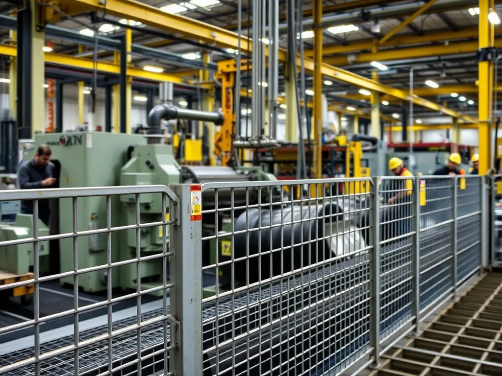 An image of pressure locked gratings being used in an industrial setting, such as a walkway in a factory or a platform in a warehouse. The gratings are providing a safe and slip-resistant surface for workers. The image demonstrates the practical applications of the product.