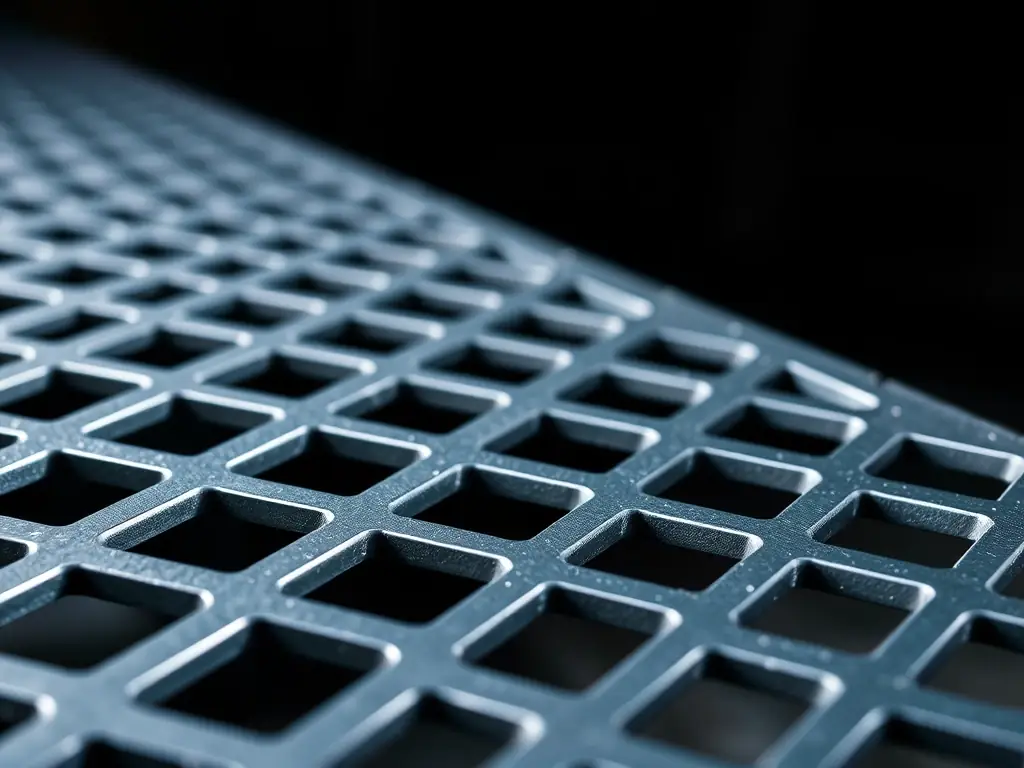 A close-up shot of Mutual Metal's Expanded Metal Catwalk Grating, showcasing the diamond-shaped openings and the robust construction of the metal. The lighting highlights the texture and the precision of the cuts.
