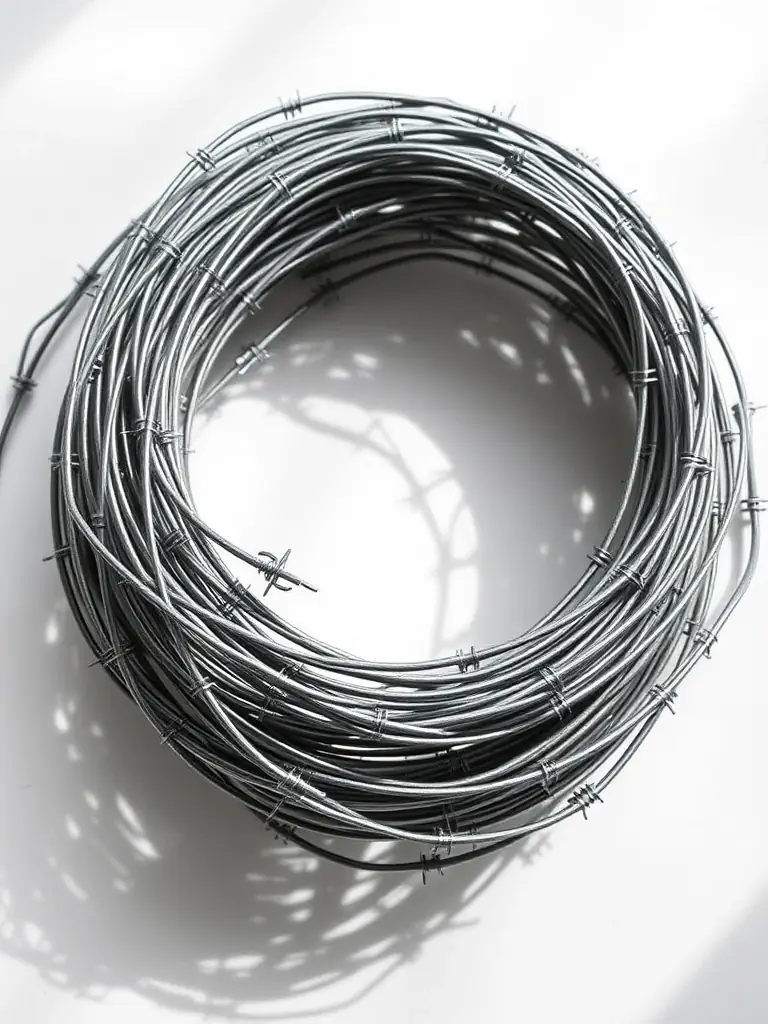 An image displaying a roll of low carbon barbed wire, highlighting its flexibility and ease of handling, making it suitable for various fencing needs.