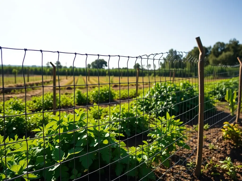 A medium shot of Mutual Metal's woven hardware cloth being used in an agricultural setting as protective fencing around a garden, highlighting its versatility and protective qualities.