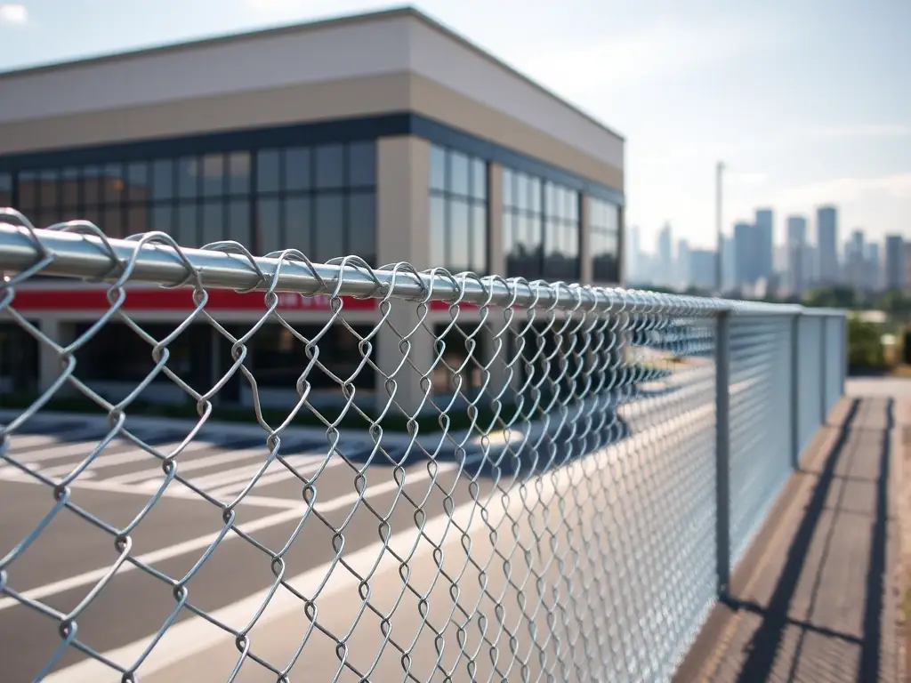 A medium shot of a PVC coated chain link fence surrounding a commercial property, highlighting its security features and professional appearance, with a focus on the tightly woven mesh.