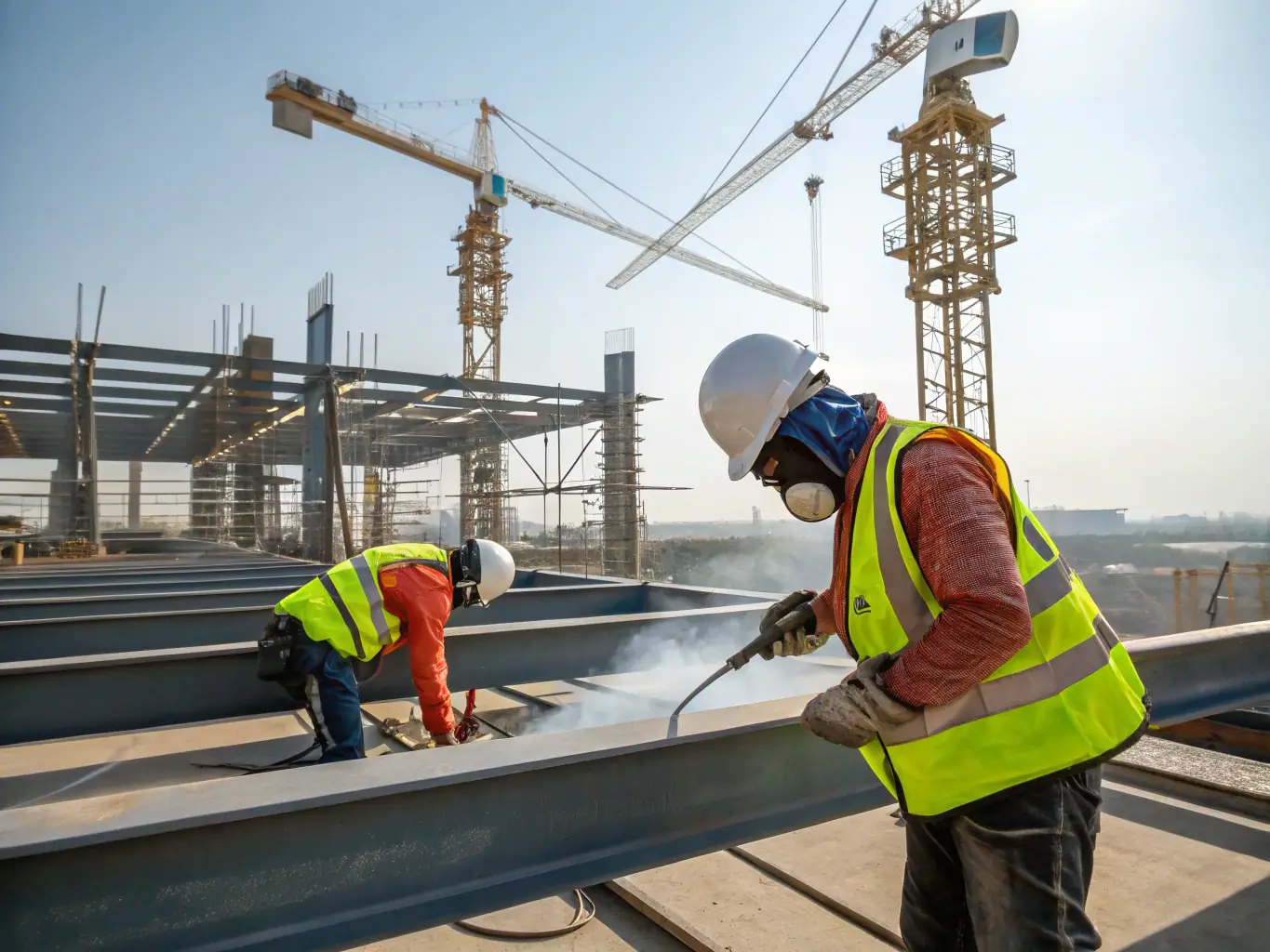 A construction site featuring workers using welded wire mesh for concrete reinforcement in a high-rise building project, highlighting its strength and durability.