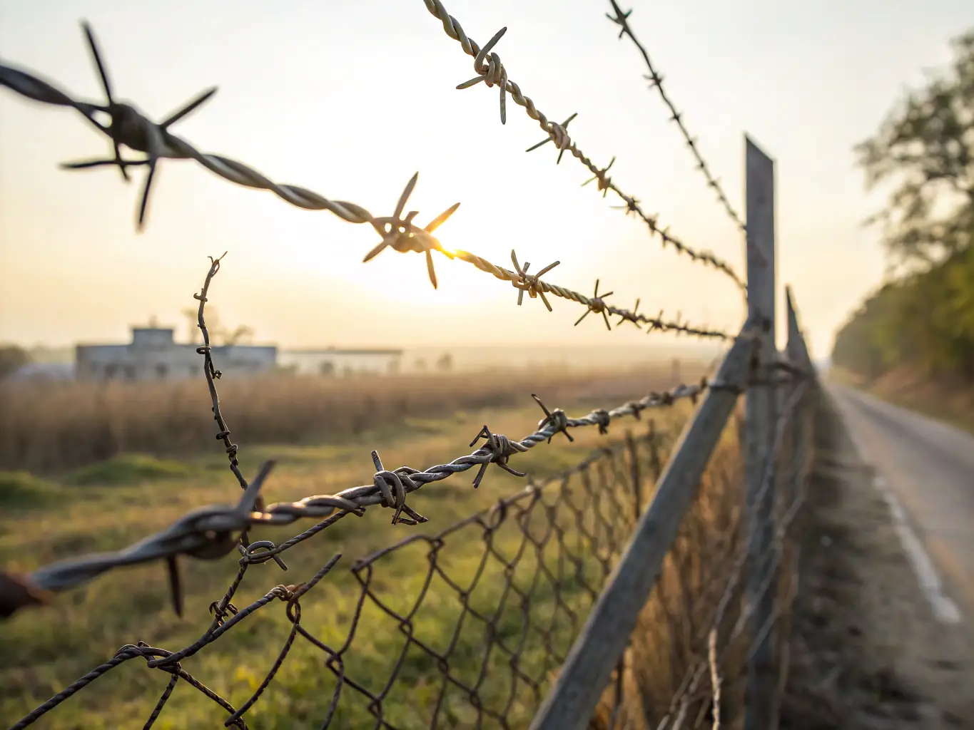 A high-angle, close-up shot of a roll of galvanized barbed wire, showcasing its sharp barbs and tightly wound strands, set against a blurred background of a green pasture.