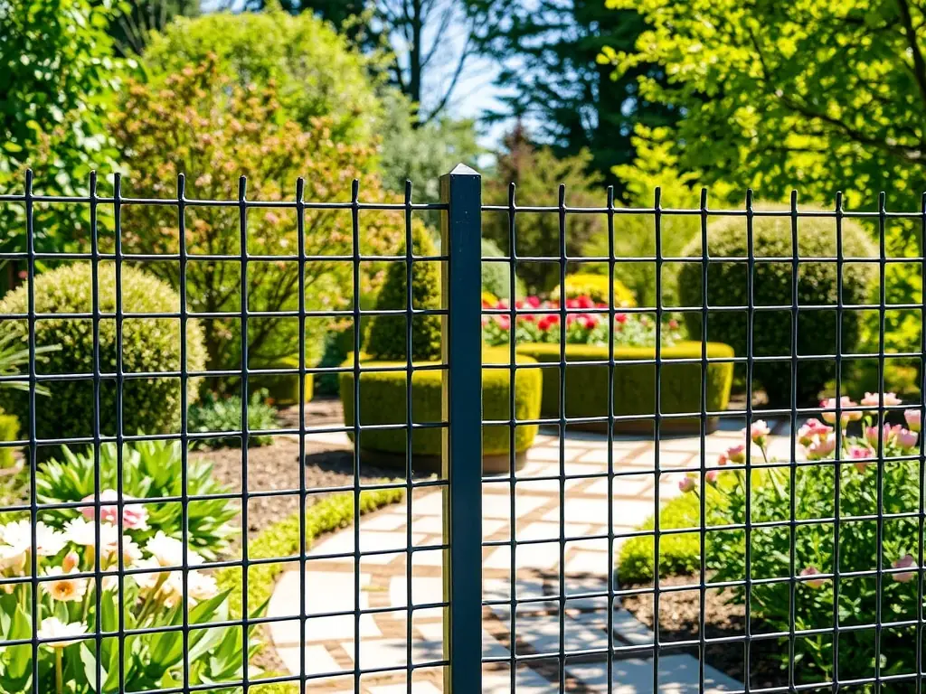 A close-up shot of a PVC coated chain link fence, showcasing its smooth, green coating and tight mesh weave, installed around a residential backyard, with lush greenery in the background.
