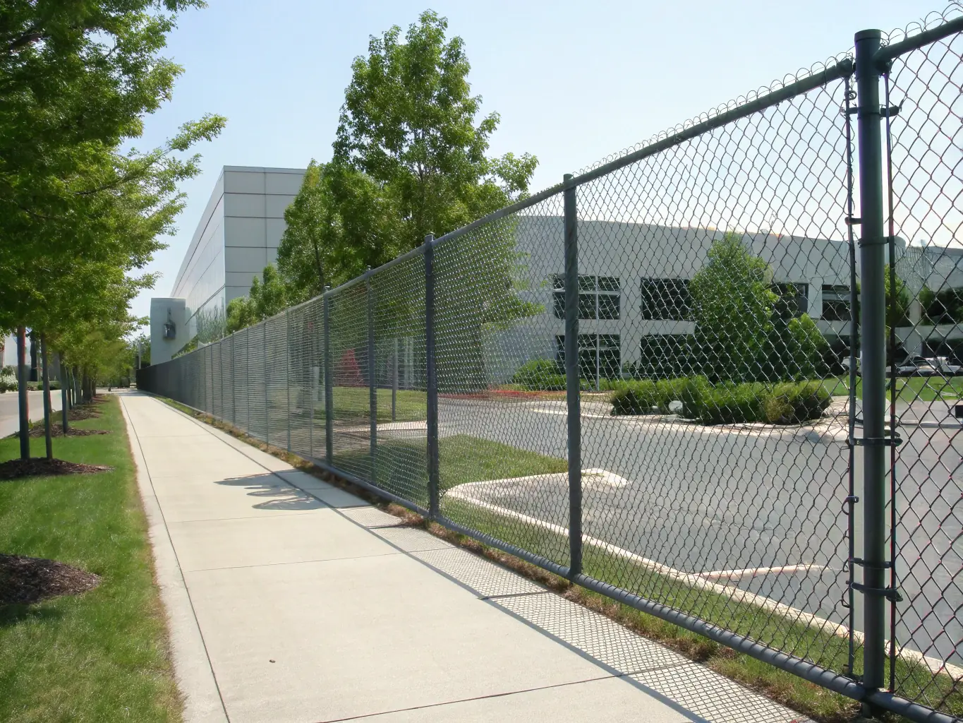 A high-resolution image showcasing a galvanized chain link fence surrounding a commercial property, emphasizing its robust construction and clean, professional appearance. The fence should appear new and well-maintained, highlighting its protective qualities.