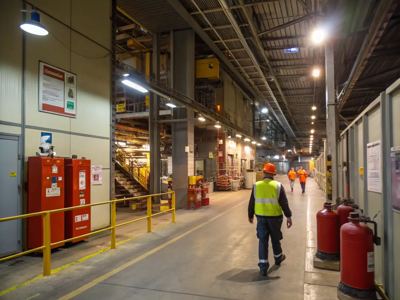 A high-angle shot of a worker safely walking on a Mutual Metal expanded metal catwalk inside a busy industrial plant, showcasing the grating's anti-slip properties and robust construction.