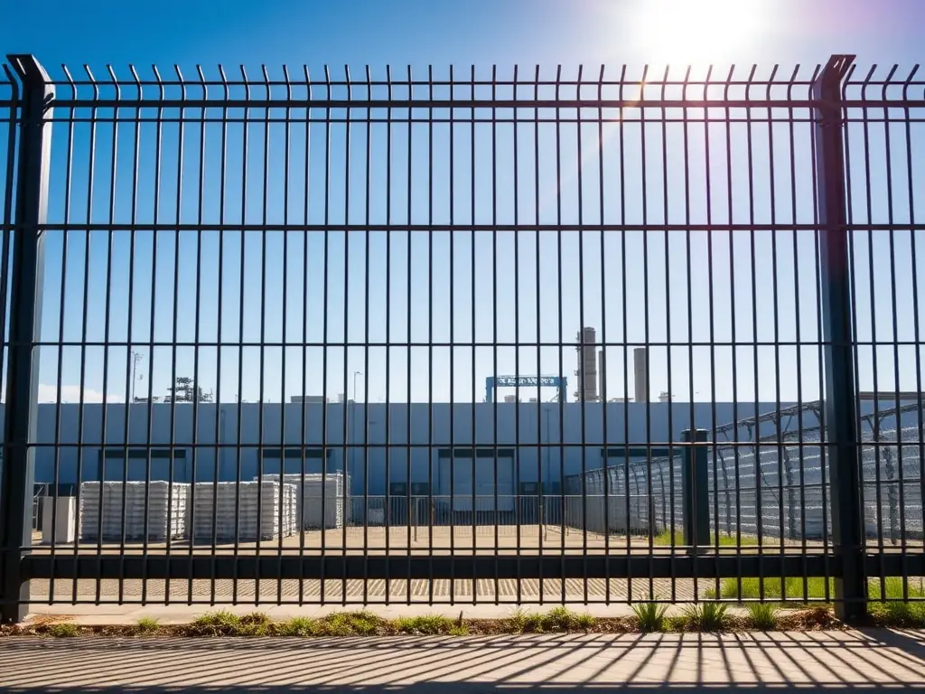 A high-resolution image showcasing a stainless steel chain link fence surrounding a modern industrial facility, emphasizing its robust construction and security features. The fence should appear clean and well-maintained, reflecting its corrosion-resistant properties.