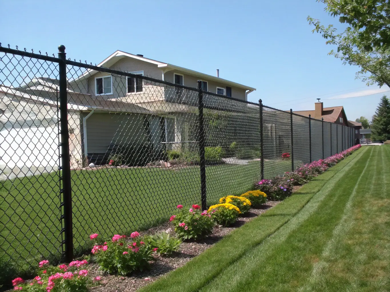 A close-up shot of a PVC coated chain link fence installed around a residential property, showcasing its green coating and neat appearance, blending seamlessly with the surrounding landscape.