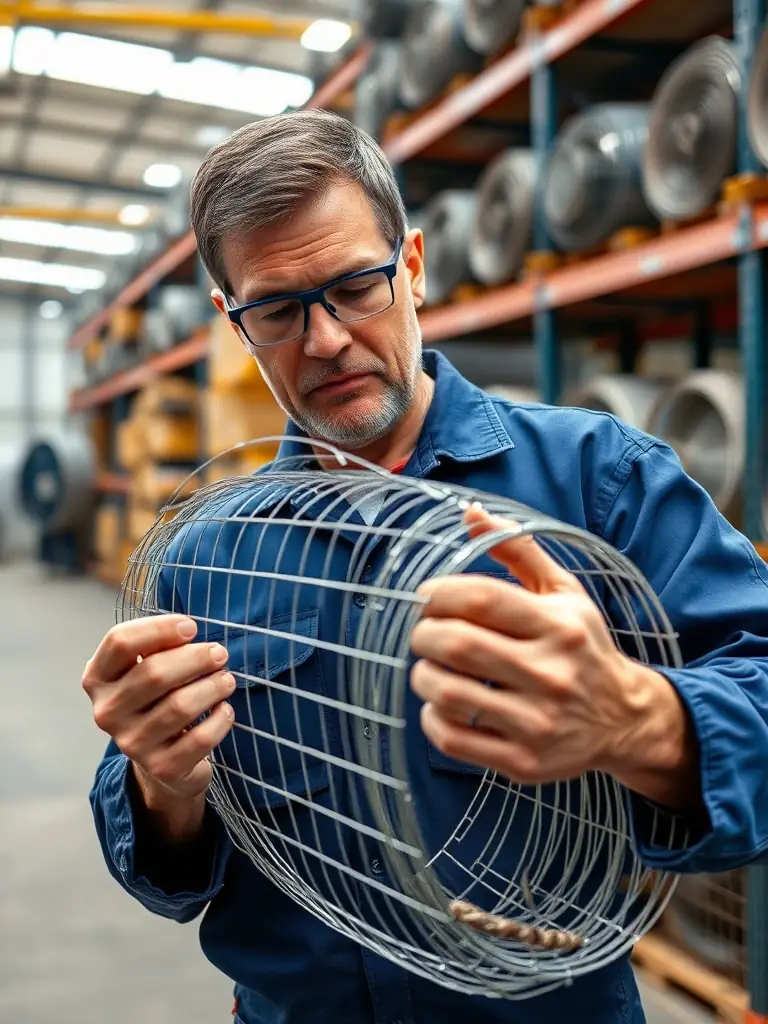 A quality control inspector examining a roll of chicken wire, ensuring it meets Mutual Metal's stringent quality standards for wire gauge, mesh uniformity, and coating thickness.