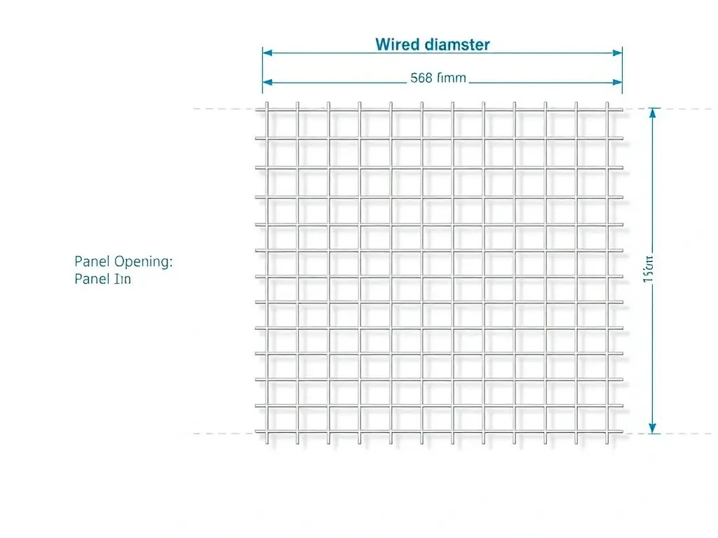 A diagram showing the dimensions and specifications of the welded mining mesh, including wire diameter, mesh opening size, and panel dimensions. The diagram should be clear and easy to understand.