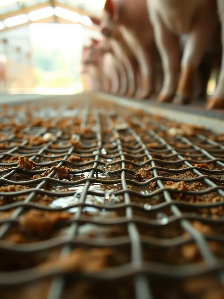 A photo illustrating the efficient waste drainage system of the Hog Floor, showing how the mesh spacing allows for easy cleaning and improved hygiene in hog pens.