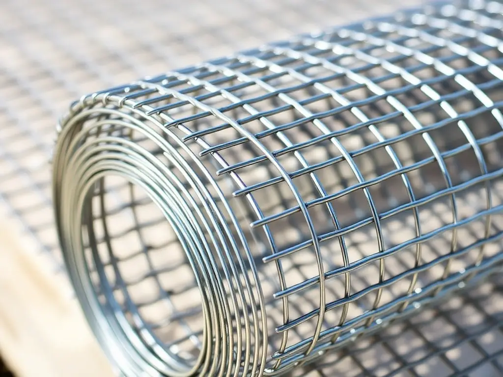 A high-angle, close-up shot of a roll of stainless steel woven wire mesh, showcasing its intricate weave pattern and metallic sheen. The background is blurred to emphasize the mesh's texture and quality.