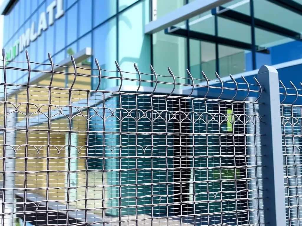 A close-up image of a decorative metal mesh fence installed around a commercial building, highlighting its aesthetic appeal and security features.