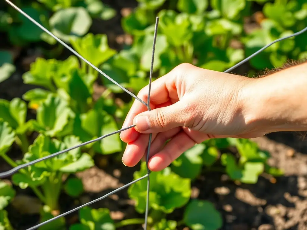 A close-up shot of chicken wire being used in a garden to protect young plants from animals, highlighting its protective and lightweight qualities.