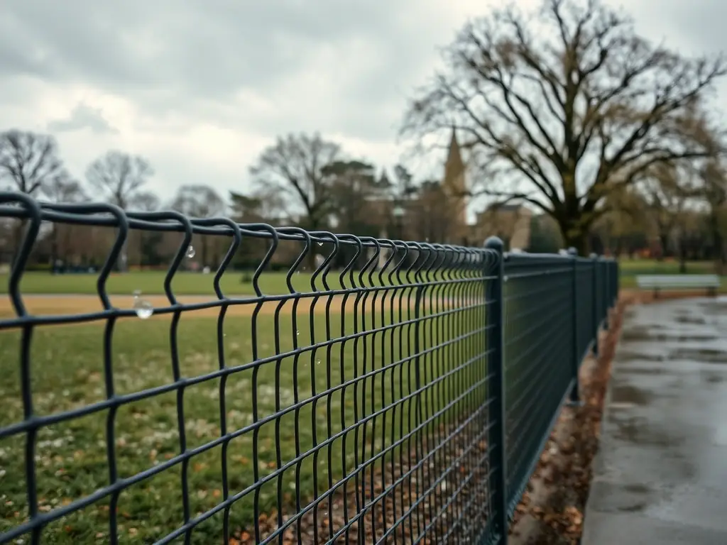 A photograph of an urban fence installed around a park, demonstrating its ability to withstand harsh weather conditions, with visible rain or snow.