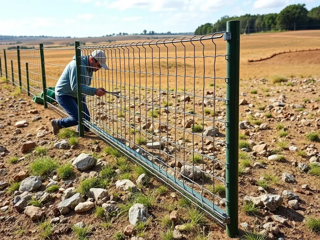 An image of a Mutual Metal ranch panel being installed on a ranch, demonstrating the ease of installation and the panel's adaptability to various terrains.