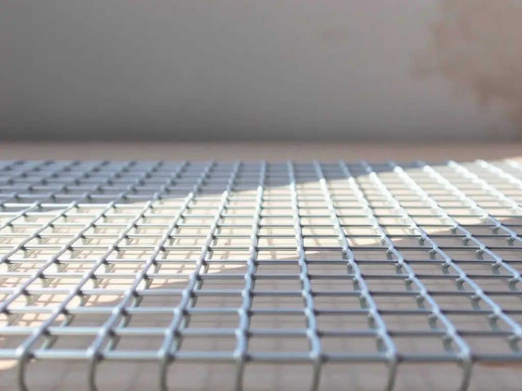 A medium shot of a sheet of galvanized welded wire mesh, highlighting its uniform grid pattern and sturdy construction. The mesh is slightly angled to catch the light, revealing its metallic finish.
