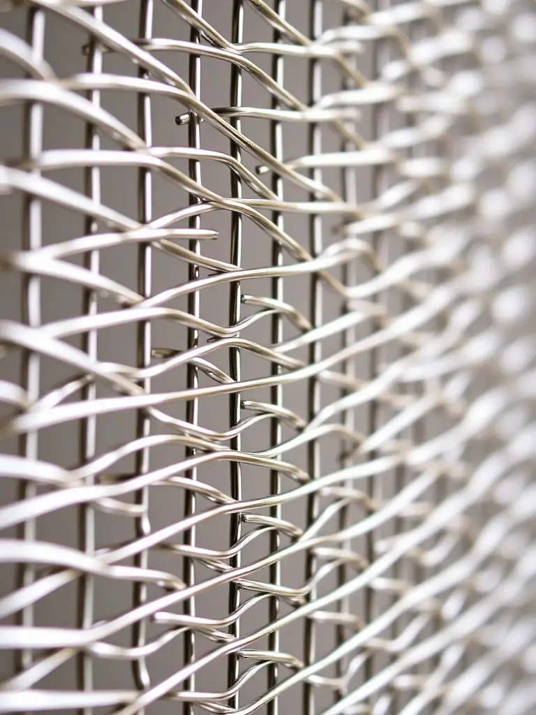 A close-up shot of stainless steel wire mesh, showcasing its fine weave and shiny surface, used in food processing equipment.