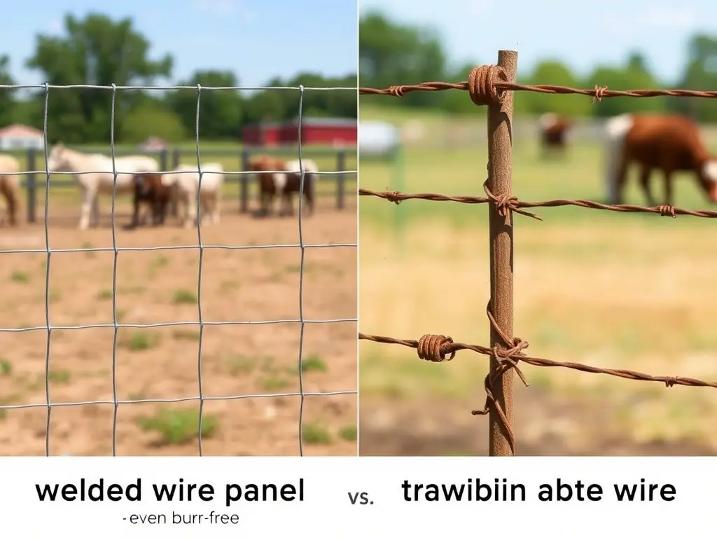 A side-by-side comparison image showing a Mutual Metal welded wire panel next to a traditional fencing option (e.g., barbed wire). The image visually demonstrates the superior cost-effectiveness and reduced maintenance requirements of the welded wire panel.