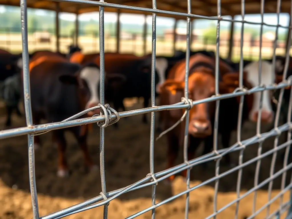 A close-up shot of a Mutual Metal welded wire panel installed in a cattle pen, showcasing its robust construction and secure welds. The image emphasizes the panel's strength and ability to withstand the rigors of daily use in a livestock environment.