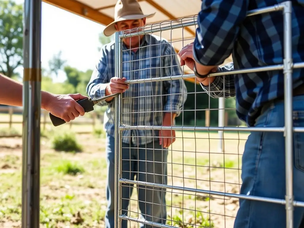 A medium shot of a Mutual Metal goat panel being easily installed by two workers on a farm, highlighting the panel's lightweight design and user-friendly connection system.