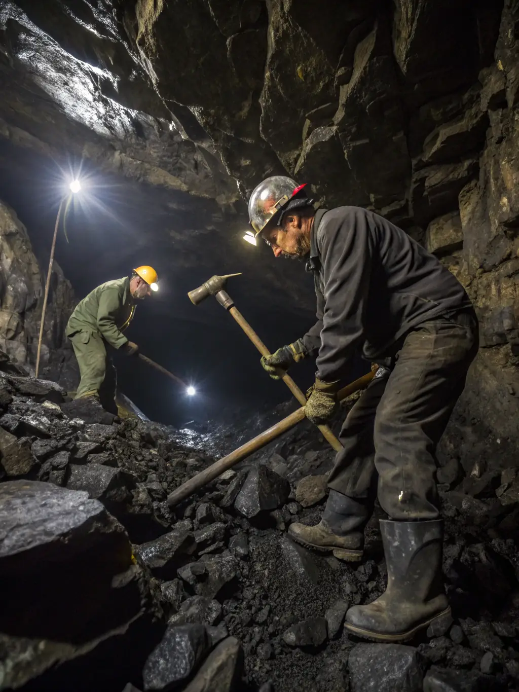 A wide shot of an underground mine tunnel, reinforced with Mutual Metal's welded mesh, showing workers safely operating machinery. The lighting highlights the mesh's structural integrity.